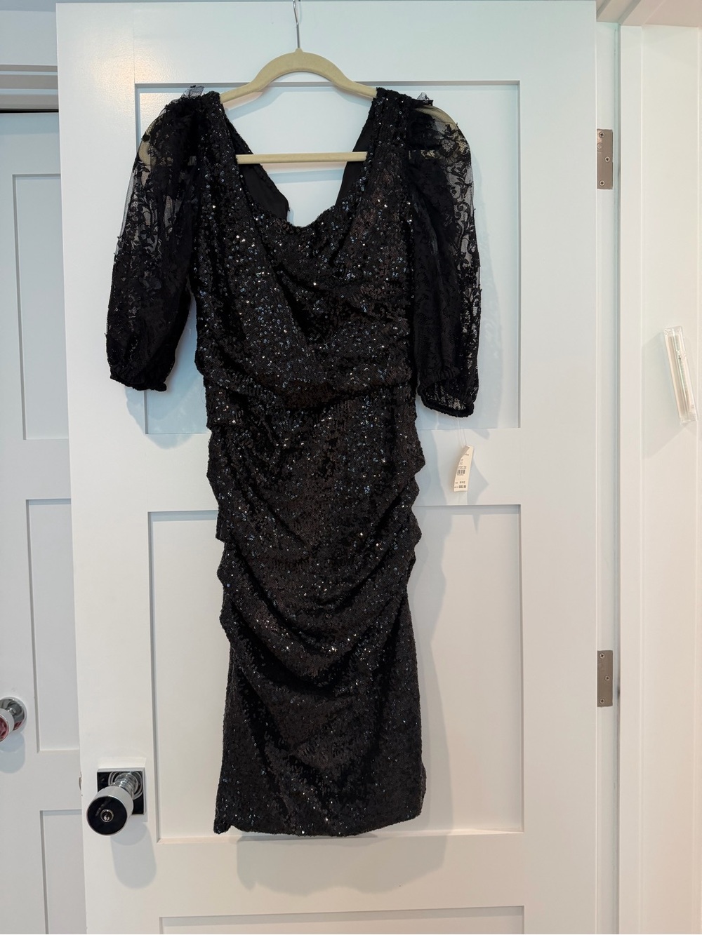 Dolce & Gabbana Black Sequined Midi Dress with Lace Puff Sleeves. Size 46